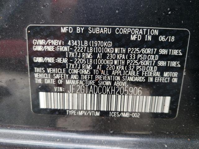 JF2GTADC0KH205906 - 2019 SUBARU CROSSTREK GRAY photo 10