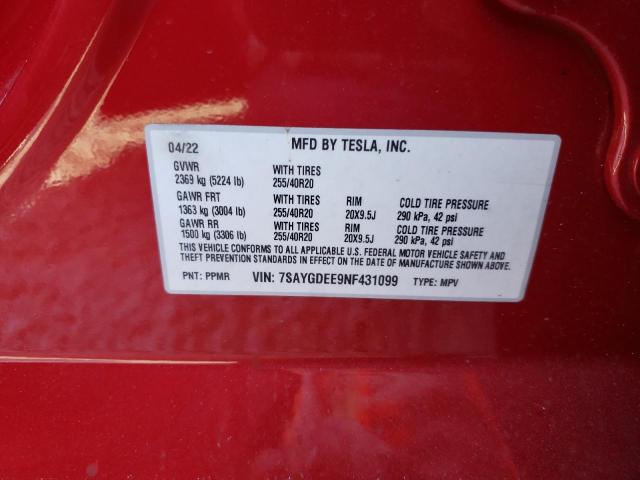 7SAYGDEE9NF431099 - 2022 TESLA MODEL Y RED photo 10