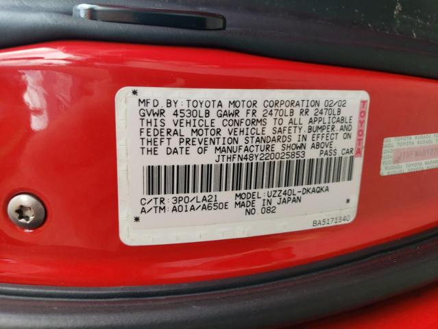 JTHFN48Y220025853 - 2002 LEXUS SC 430 RED photo 10