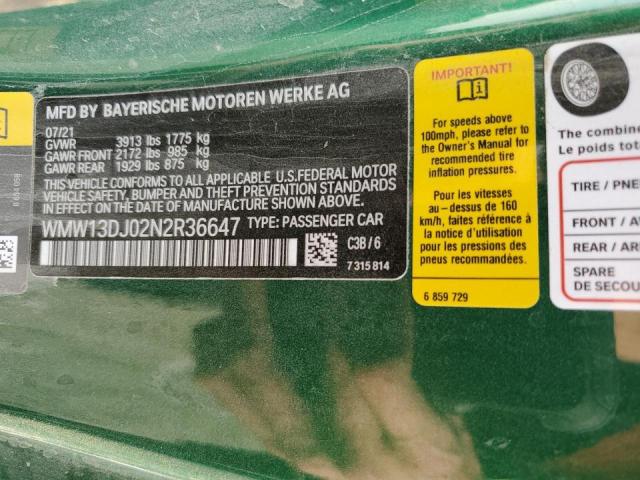 WMW13DJ02N2R36647 - 2022 MINI COOPER SE GREEN photo 10