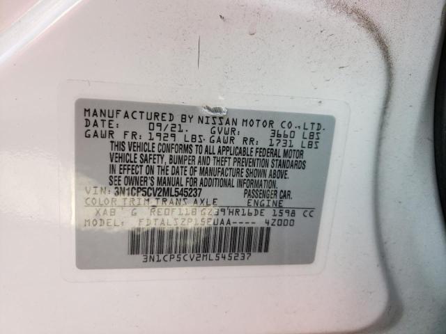 3N1CP5CV2ML545237 - 2021 NISSAN KICKS SV WHITE photo 10