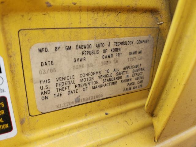 KL1TD62615B421685 - 2005 CHEVROLET AVEO BASE YELLOW photo 10