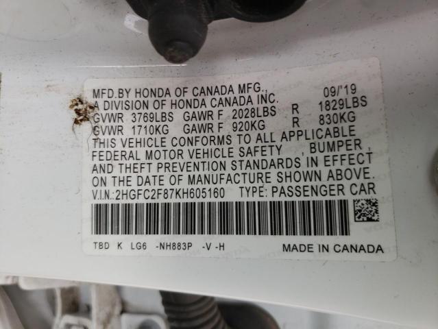 2HGFC2F87KH605160 - 2019 HONDA CIVIC SPOR WHITE photo 10