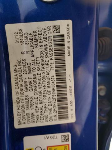 2HGFE2F51NH564674 - 2022 HONDA CIVIC SPOR BLUE photo 10