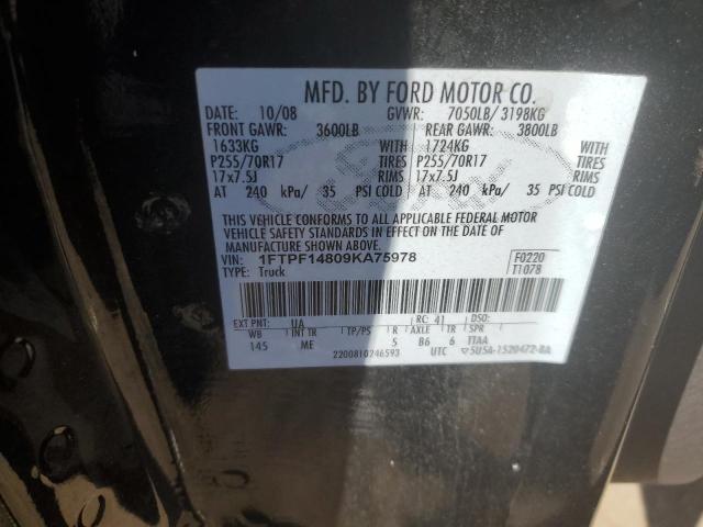 1FTPF14809KA75978 - 2009 FORD F150 BLACK photo 10