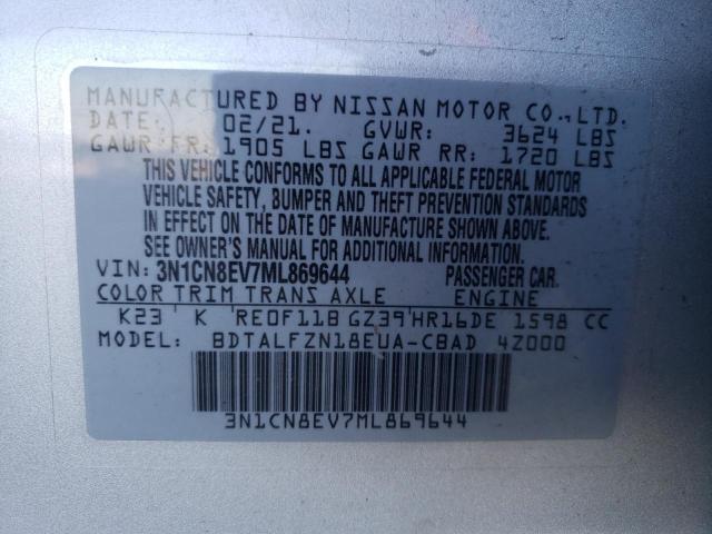 3N1CN8EV7ML869644 - 2021 NISSAN VERSA SV SILVER photo 10