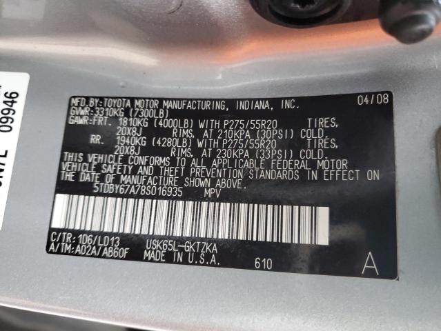 5TDBY67A78S016935 - 2008 TOYOTA SEQUOIA PL GRAY photo 10