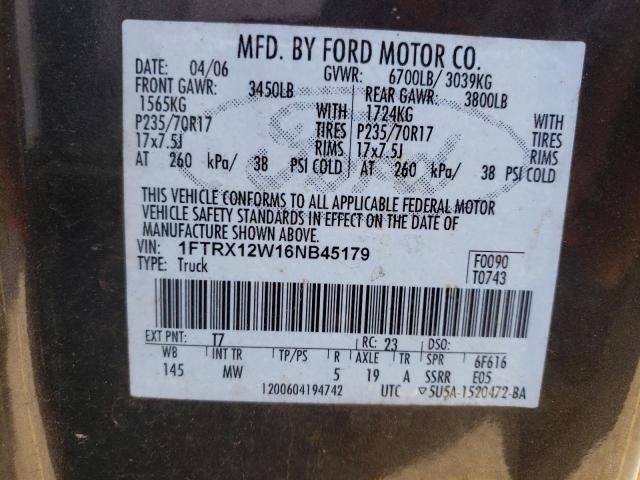 1FTRX12W16NB45179 - 2006 FORD F150 CHARCOAL photo 10