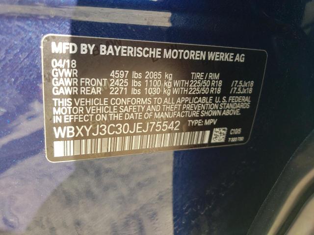 WBXYJ3C30JEJ75542 - 2018 BMW X2 SDRIVE2 BLUE photo 10