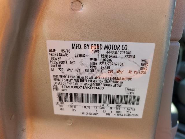 1FMCU0D71AKD11480 - 2010 FORD ESCAPE XLT TAN photo 10