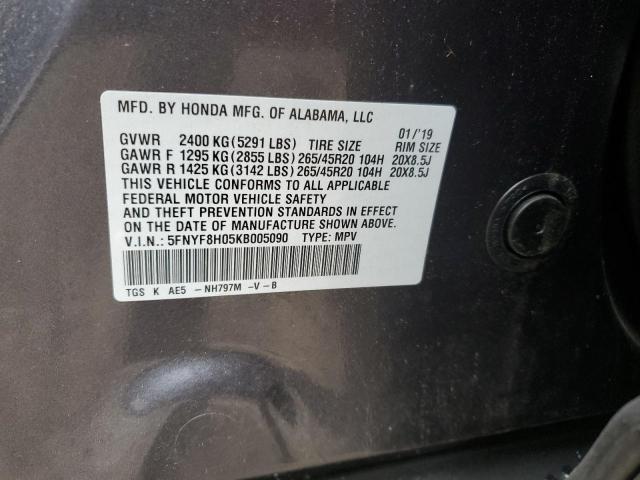 5FNYF8H05KB005090 - 2019 HONDA PASSPORT E 灰色 照片 10