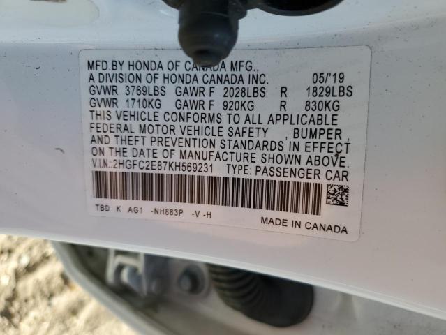 2HGFC2E87KH569231 - 2019 HONDA CIVIC SPOR UNKNOWN - NOT OK FOR INV. photo 10
