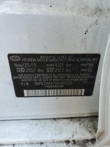 5NPE24AA7GH351225 - 2016 HYUNDAI SONATA ECO WHITE photo 10