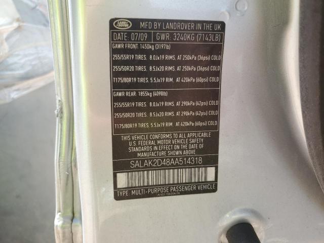 SALAK2D48AA514318 - 2010 LAND ROVER LR4 ვერცხლისფერი ფოტო 10