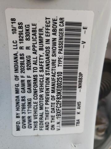 19XFC2F83KE002510 - 2019 HONDA CIVIC SPOR 白色 照片 10