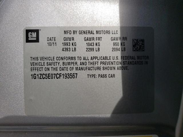 1G1ZC5E07CF193567 - 2012 CHEVROLET MALIBU 1LT ვერცხლისფერი ფოტო 10