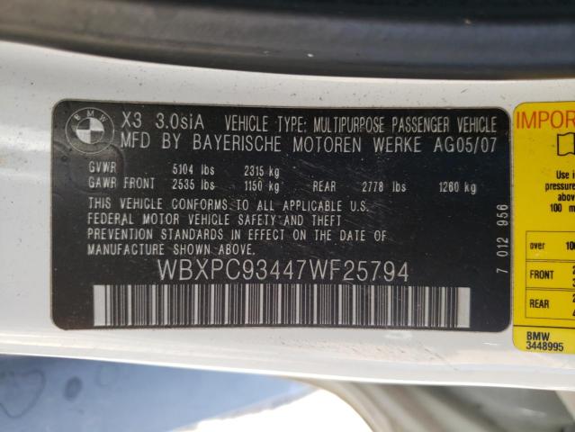 WBXPC93447WF25794 - 2007 BMW X3 3.0SI WHITE photo 10