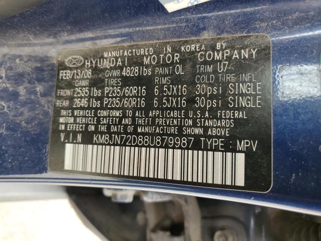 KM8JN72D88U879987 - 2008 HYUNDAI TUCSON SE BLUE photo 10