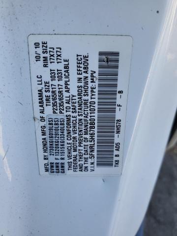 5FNRL5H67BB011070 - 2011 HONDA ODYSSEY EX WHITE photo 10