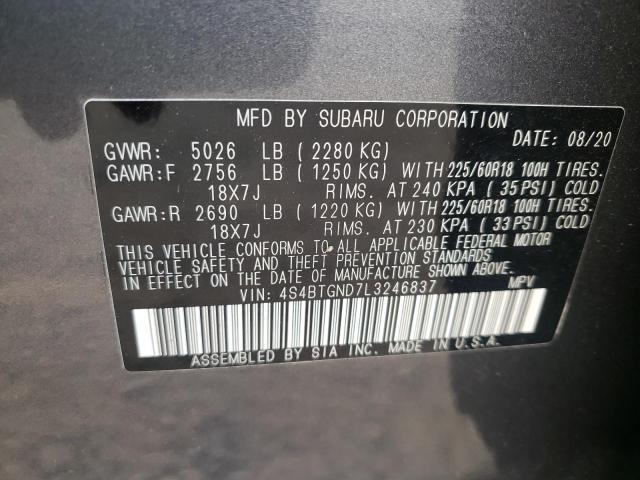 4S4BTGND7L3246837 - 2020 SUBARU OUTBACK LI GRAY photo 10