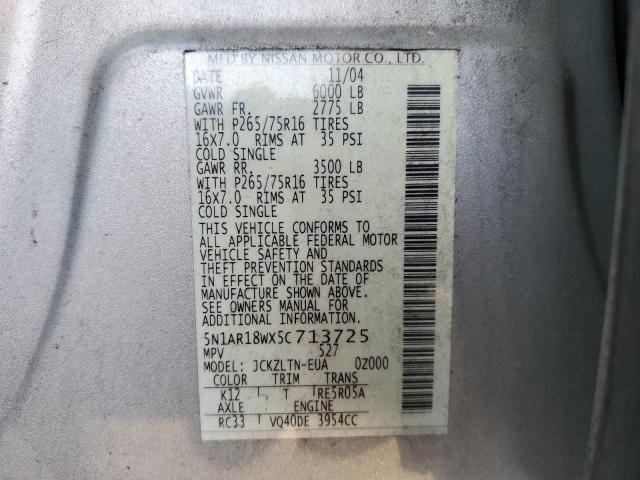 5N1AR18WX5C713725 - 2005 NISSAN PATHFINDER SILVER photo 10