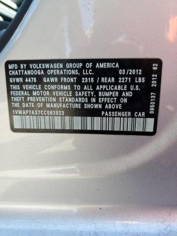 1VWAP7A37CC063923 - 2012 VOLKSWAGEN PASSAT S SILVER photo 10