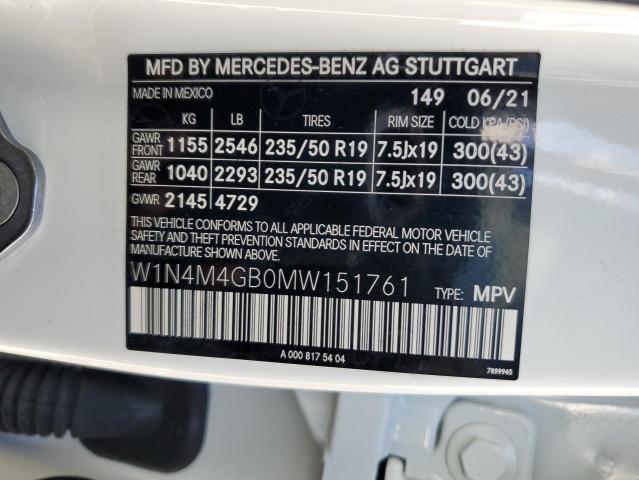 W1N4M4GB0MW151761 - 2021 MERCEDES-BENZ GLB 250 WHITE photo 10