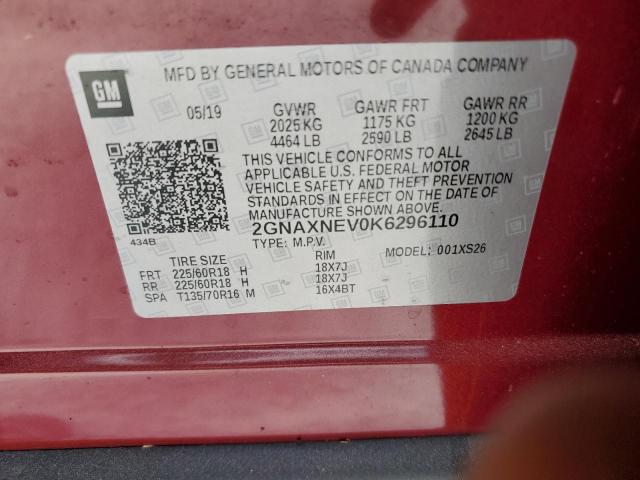 2GNAXNEV0K6296110 - 2019 CHEVROLET EQUINOX PR RED photo 10