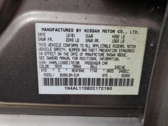 1N4AL11D82C172190 - 2002 NISSAN ALTIMA BAS GRAY photo 10