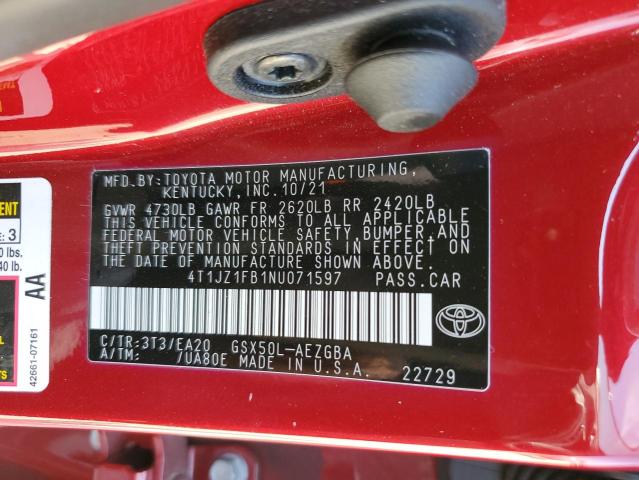 4T1JZ1FB1NU071597 - 2022 TOYOTA AVALON XLE RED photo 10