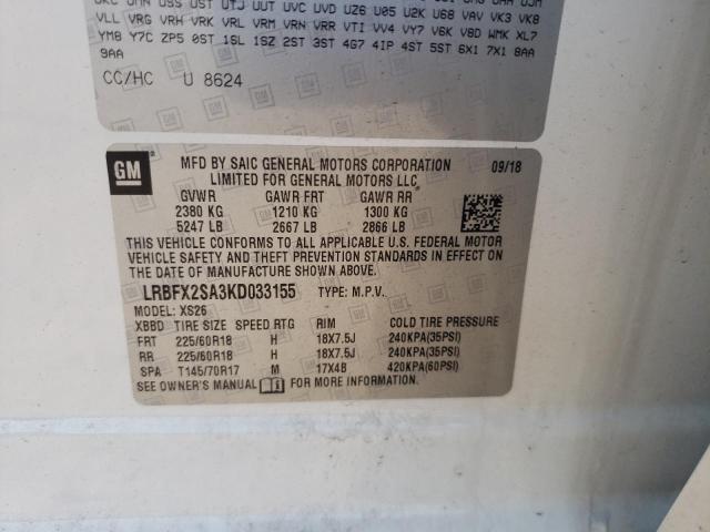 LRBFX2SA3KD033155 - 2019 BUICK ENVISION E თეთრი ფოტო 10