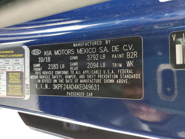 3KPF24AD4KE049631 - 2019 KIA FORTE FE BLUE photo 10