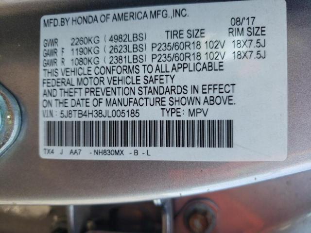 5J8TB4H38JL005185 - 2018 ACURA RDX SILVER photo 10