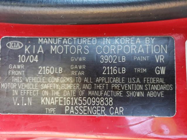 KNAFE161X55099838 - 2005 KIA SPECTRA5 RED photo 10