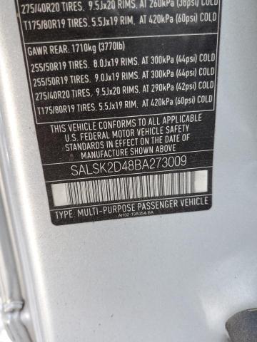 SALSK2D48BA273009 - 2011 LAND ROVER RANGE ROVE SILVER photo 10