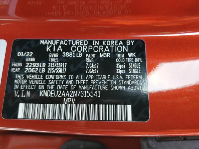 KNDEU2AA2N7315541 - 2022 KIA SELTOS S RED photo 10