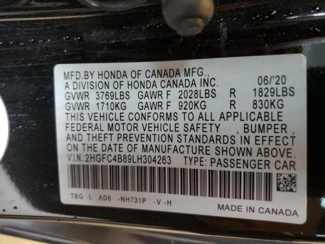 2HGFC4B89LH304263 - 2020 HONDA CIVIC SPOR BLACK photo 10