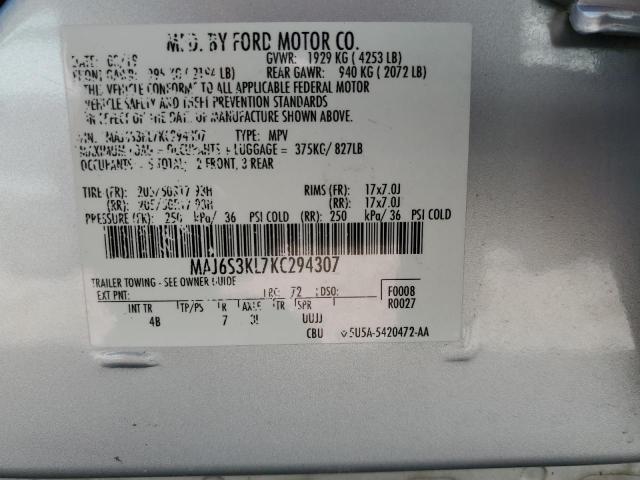 MAJ6S3KL7KC294307 - 2019 FORD ECOSPORT T SILVER photo 10