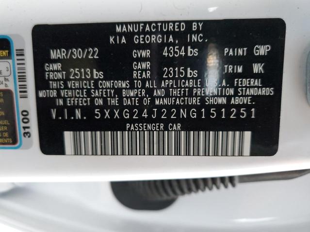 5XXG24J22NG151251 - 2022 KIA K5 LX WHITE photo 10