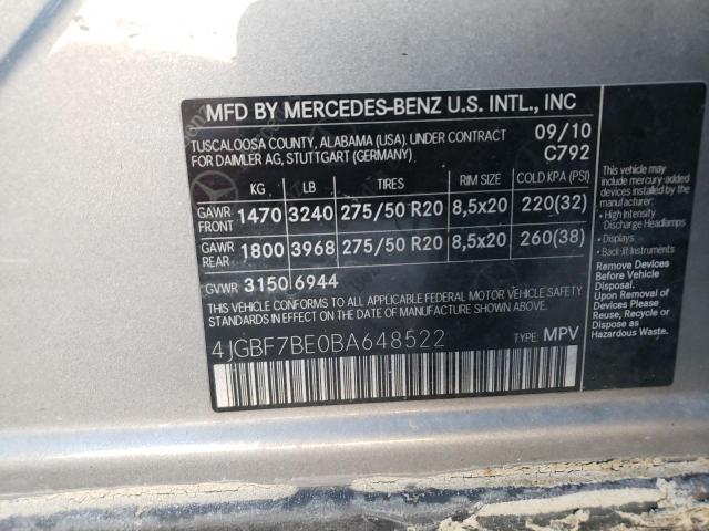 4JGBF7BE0BA648522 - 2011 MERCEDES-BENZ GL 450 4MA SILVER photo 10