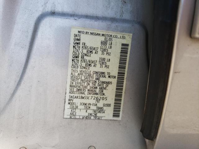 5N1AR18W55C726205 - 2005 NISSAN PATHFINDER SILVER photo 10