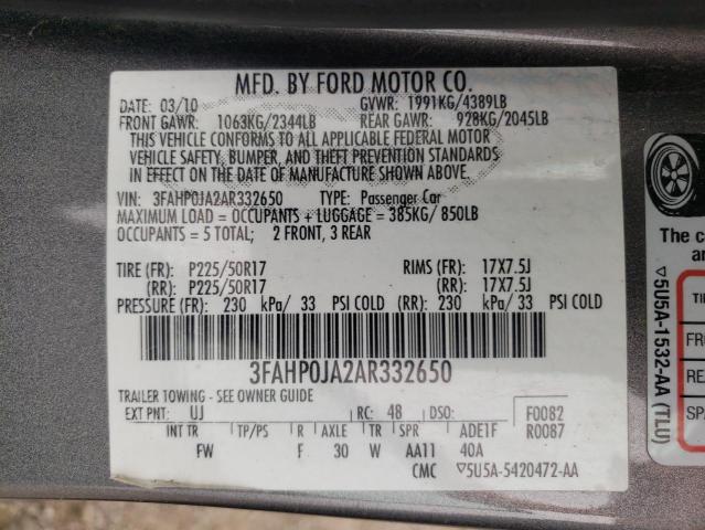 3FAHP0JA2AR332650 - 2010 FORD FUSION SEL GRAY photo 10