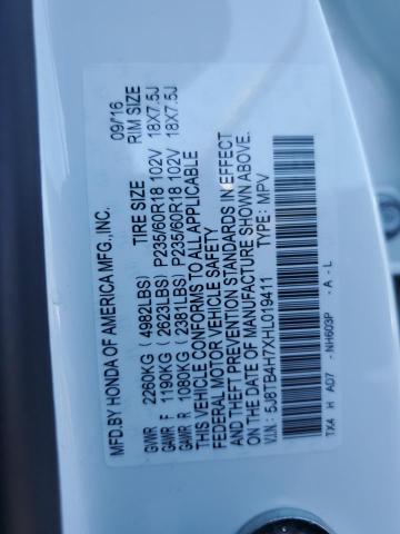 5J8TB4H7XHL019411 - 2017 ACURA RDX ADVANC WHITE photo 10