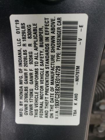 19XFC2E82KE014729 - 2019 HONDA CIVIC SPOR 灰色 照片 10
