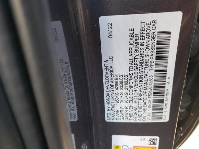 1HGCV1F59NA048803 - 2022 HONDA ACCORD EXL UNKNOWN - NOT OK FOR INV. photo 10