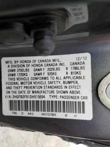 2HGFB2F91DH515694 - 2013 HONDA CIVIC EXL Boz foto 10