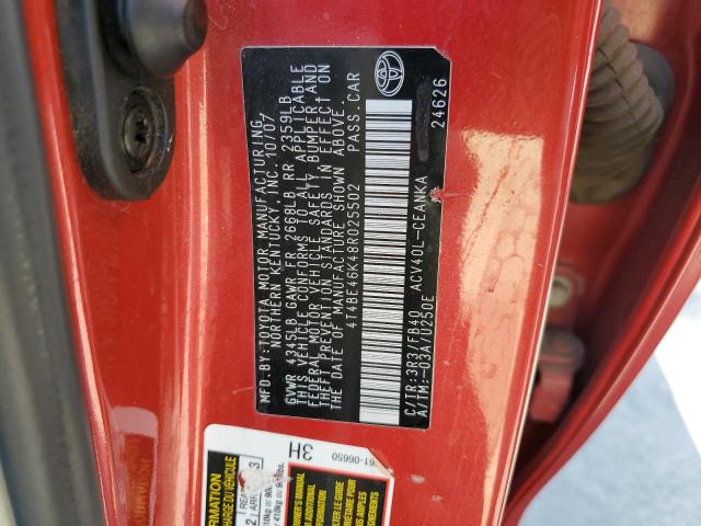 4T4BE46K48R025502 - 2008 TOYOTA CAMRY CE RED photo 13