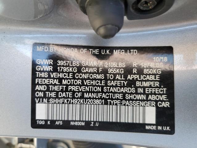 SHHFK7H92KU203801 - 2019 HONDA CIVIC SPOR 银色 照片 10