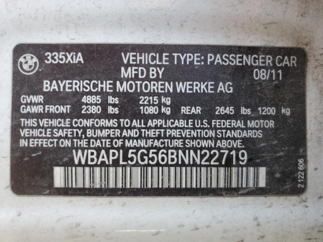 WBAPL5G56BNN22719 - 2011 BMW 335 XI WHITE photo 10