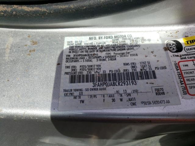 3FAHP0JA8CR293193 - 2012 FORD FUSION SEL SILVER photo 10